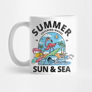 Flamingo Surfing: Summer Wave Rider - Tropical Beach Design Mug